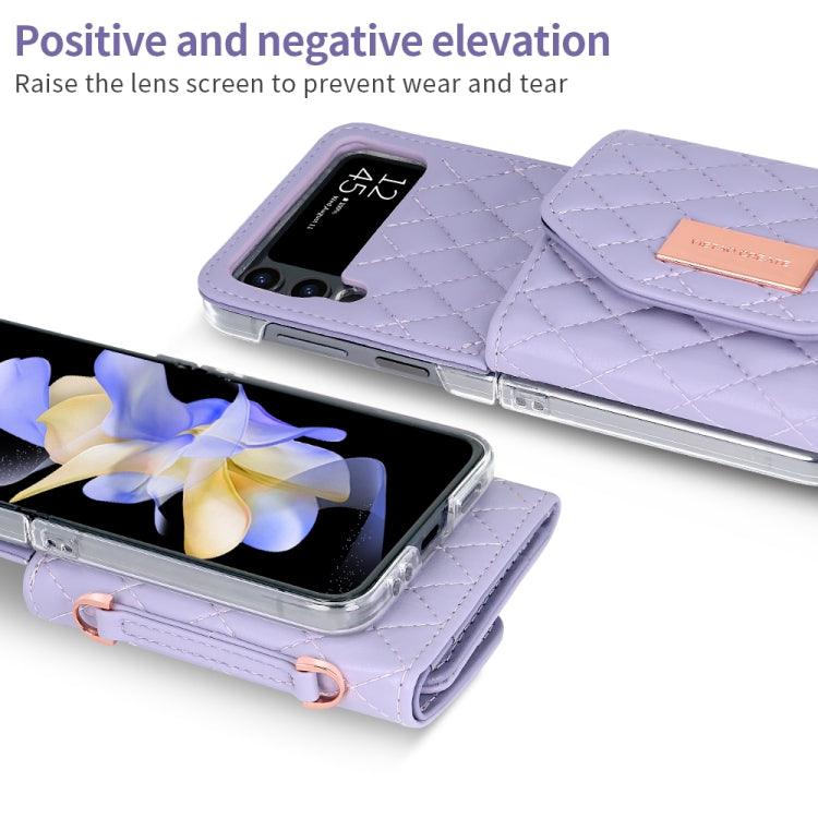 For Samsung Galaxy Z Flip3 5G VIETAO Rhombic Texture Wallet PU Phone Case with Long Lanyard(Purple)