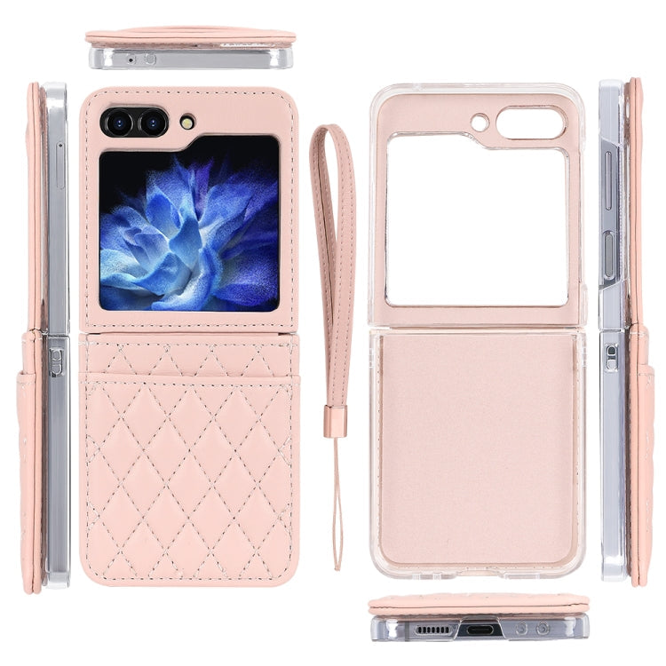 For Samsung Galaxy Z Flip6 / Flip7 FE VIETAO Rhombic Texture PU Card Slot Phone Case with Lanyard(Pink)