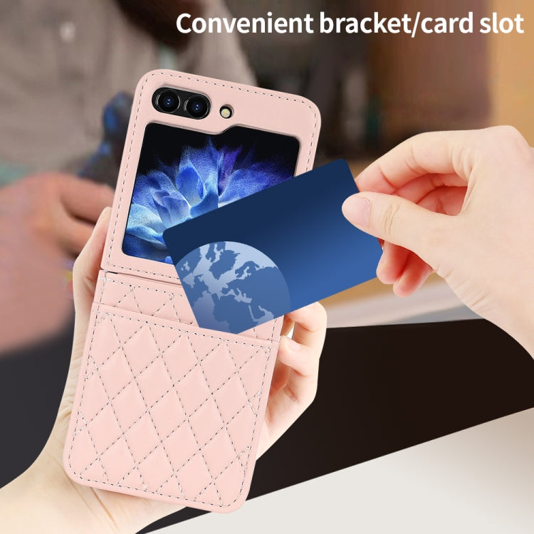 For Samsung Galaxy Z Flip6 / Flip7 FE VIETAO Rhombic Texture PU Card Slot Phone Case with Lanyard(Pink)
