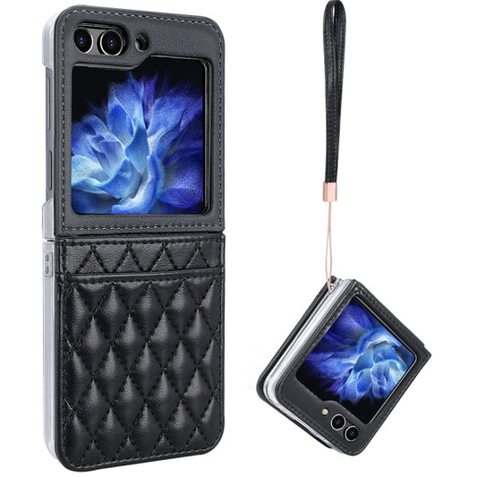 For Samsung Galaxy Z Flip6 / Flip7 FE VIETAO Rhombic Texture PU Card Slot Phone Case with Lanyard(Black)