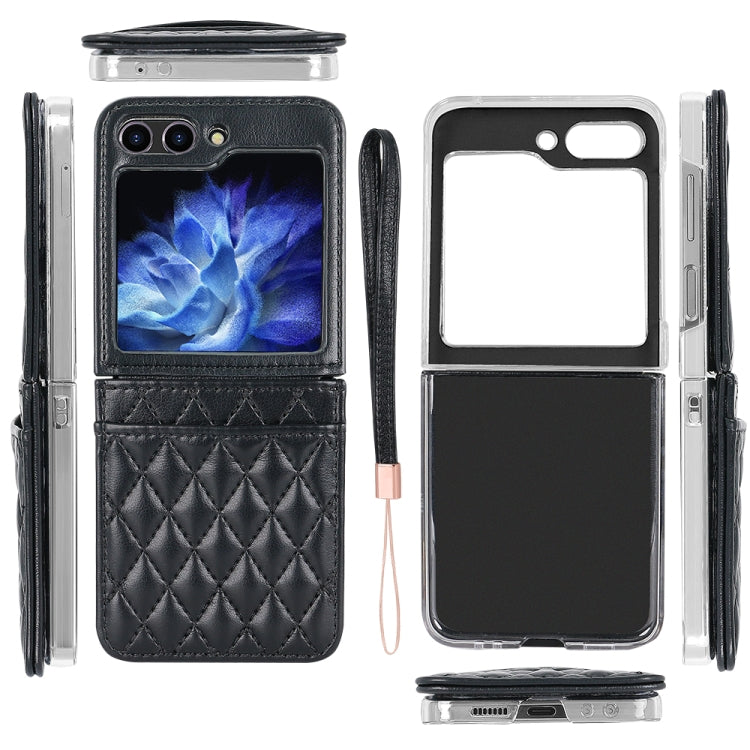 For Samsung Galaxy Z Flip6 / Flip7 FE VIETAO Rhombic Texture PU Card Slot Phone Case with Lanyard(Black)