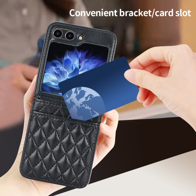 For Samsung Galaxy Z Flip6 / Flip7 FE VIETAO Rhombic Texture PU Card Slot Phone Case with Lanyard(Black)