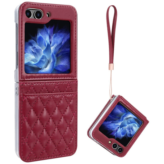 For Samsung Galaxy Z Flip6 / Flip7 FE VIETAO Rhombic Texture PU Card Slot Phone Case with Lanyard(Red)