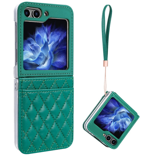 For Samsung Galaxy Z Flip6 / Flip7 FE VIETAO Rhombic Texture PU Card Slot Phone Case with Lanyard(Green)