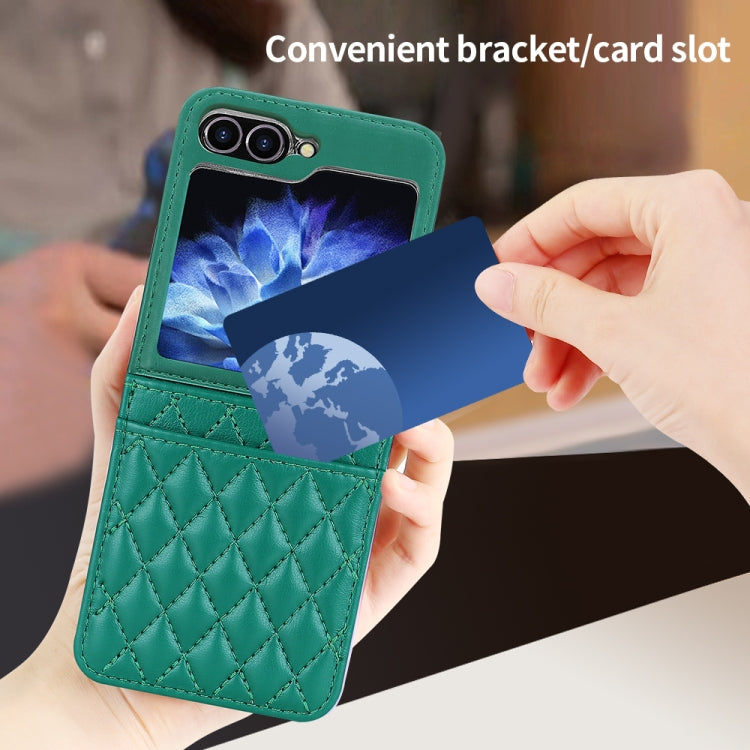 For Samsung Galaxy Z Flip6 / Flip7 FE VIETAO Rhombic Texture PU Card Slot Phone Case with Lanyard(Green)