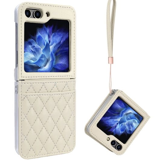 For Samsung Galaxy Z Flip6 / Flip7 FE VIETAO Rhombic Texture PU Card Slot Phone Case with Lanyard(Beige)
