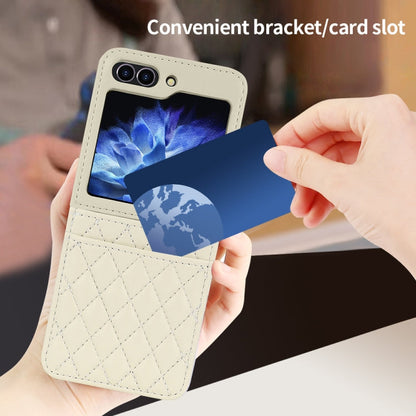 For Samsung Galaxy Z Flip6 / Flip7 FE VIETAO Rhombic Texture PU Card Slot Phone Case with Lanyard(Beige)