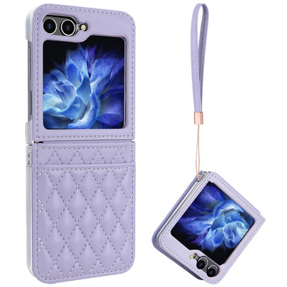 Pour Samsung Galaxy Z Flip6 / Flip7 FE Étui de téléphone VIETAO en PU texturé Rhombique avec fente pour carte et lanière (Violet)