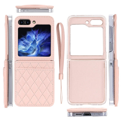 For Samsung Galaxy Z Flip5 VIETAO Rhombic Texture PU Card Slot Phone Case with Lanyard(Pink)