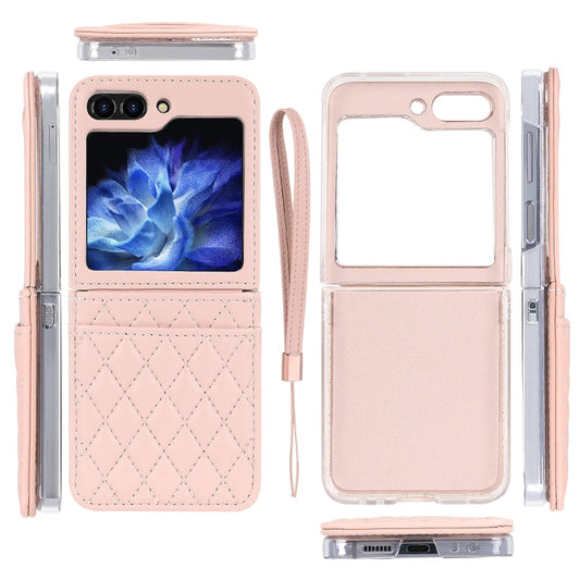 For Samsung Galaxy Z Flip5 VIETAO Rhombic Texture PU Card Slot Phone Case with Lanyard(Pink)