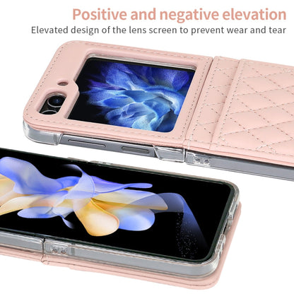 For Samsung Galaxy Z Flip5 VIETAO Rhombic Texture PU Card Slot Phone Case with Lanyard(Pink)