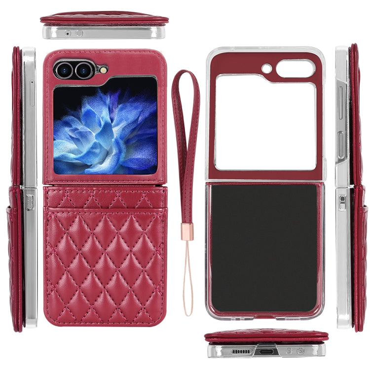 For Samsung Galaxy Z Flip5 VIETAO Rhombic Texture PU Card Slot Phone Case with Lanyard(Red)