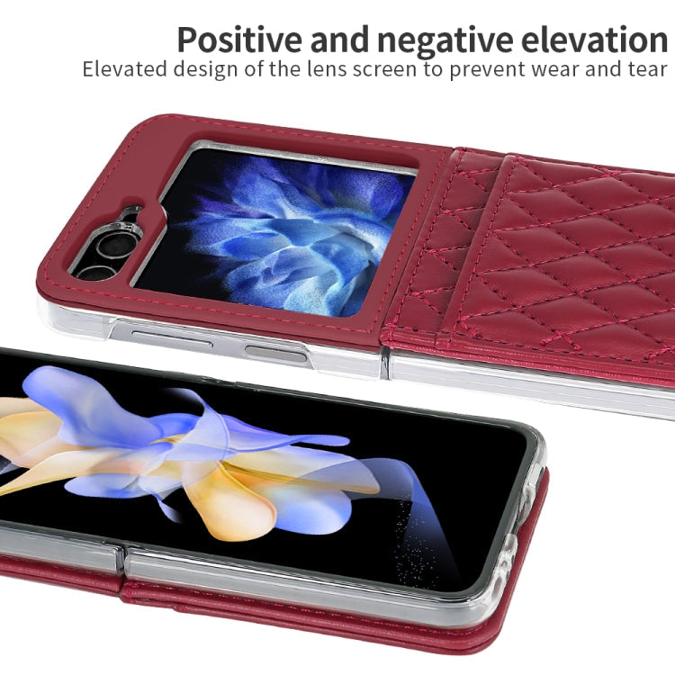 For Samsung Galaxy Z Flip5 VIETAO Rhombic Texture PU Card Slot Phone Case with Lanyard(Red)