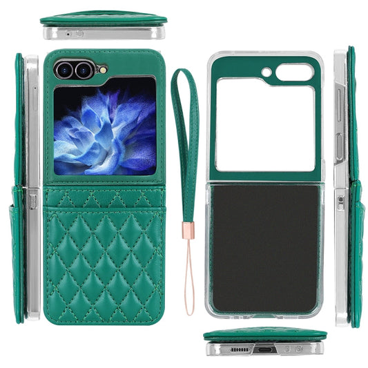For Samsung Galaxy Z Flip5 VIETAO Rhombic Texture PU Card Slot Phone Case with Lanyard(Green)