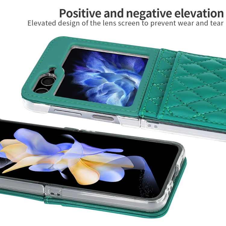 For Samsung Galaxy Z Flip5 VIETAO Rhombic Texture PU Card Slot Phone Case with Lanyard(Green)