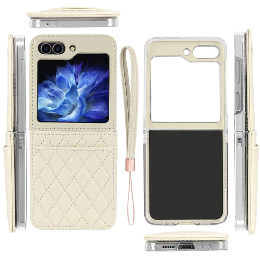 For Samsung Galaxy Z Flip5 VIETAO Rhombic Texture PU Card Slot Phone Case with Lanyard(Beige)