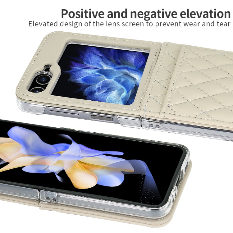 For Samsung Galaxy Z Flip5 VIETAO Rhombic Texture PU Card Slot Phone Case with Lanyard(Beige)