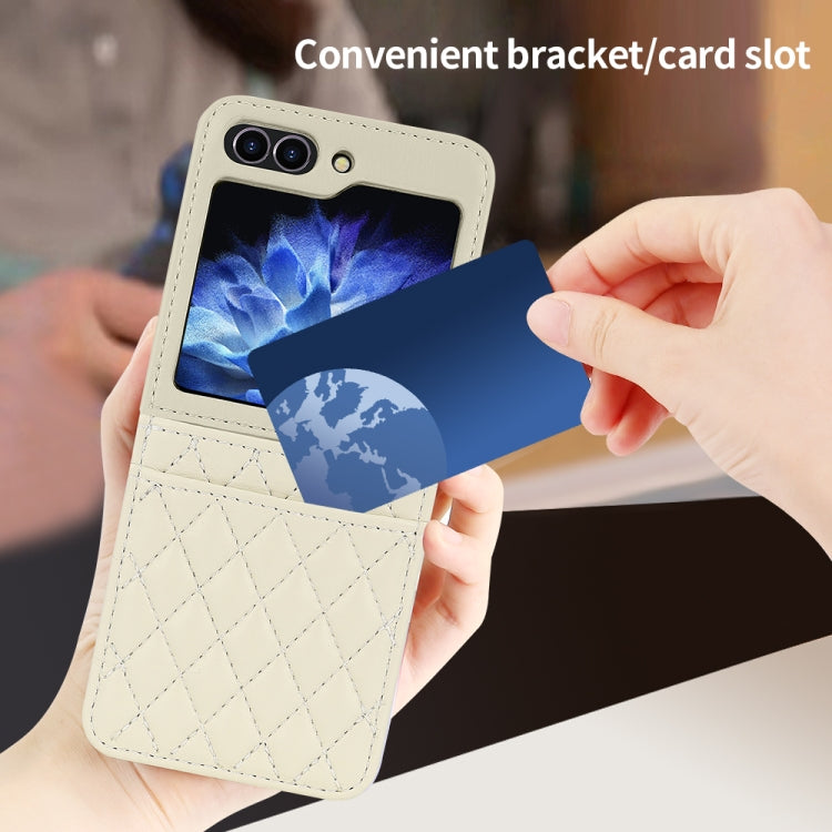 For Samsung Galaxy Z Flip5 VIETAO Rhombic Texture PU Card Slot Phone Case with Lanyard(Beige)