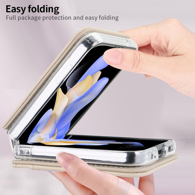 For Samsung Galaxy Z Flip5 VIETAO Rhombic Texture PU Card Slot Phone Case with Lanyard(Beige)