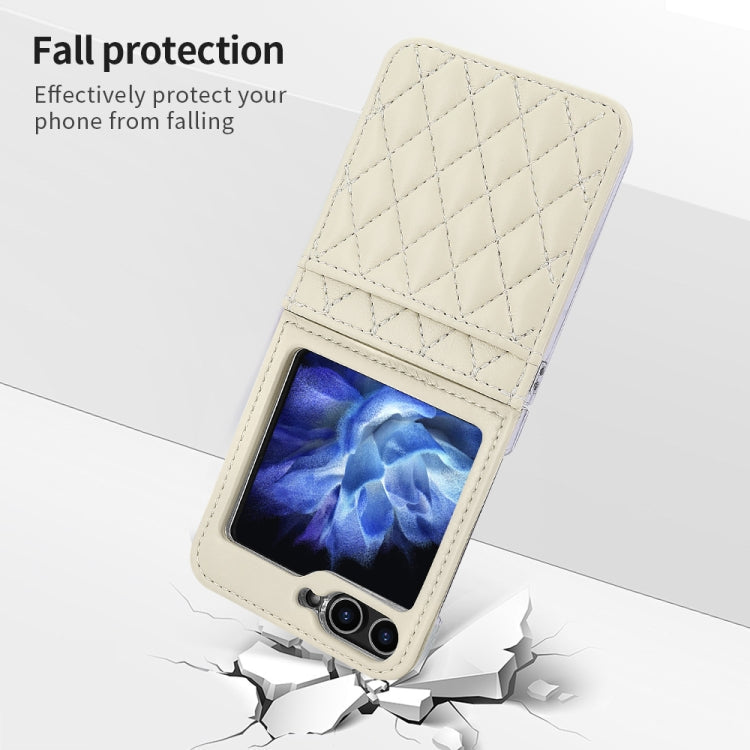 For Samsung Galaxy Z Flip5 VIETAO Rhombic Texture PU Card Slot Phone Case with Lanyard(Beige)