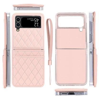 For Samsung Galaxy Z Flip4 VIETAO Rhombic Texture PU Card Slot Phone Case with Lanyard(Pink)