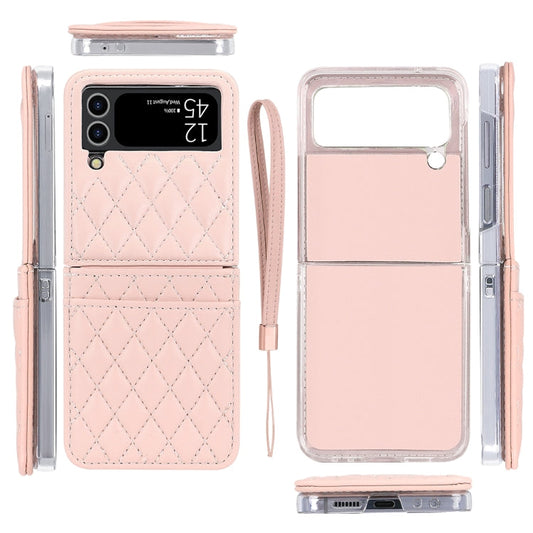For Samsung Galaxy Z Flip4 VIETAO Rhombic Texture PU Card Slot Phone Case with Lanyard(Pink)