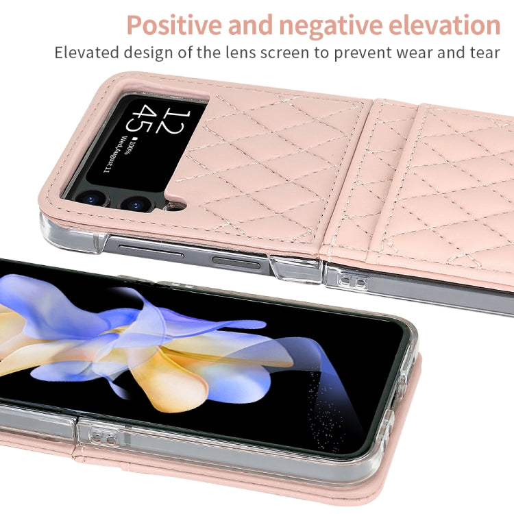 For Samsung Galaxy Z Flip4 VIETAO Rhombic Texture PU Card Slot Phone Case with Lanyard(Pink)
