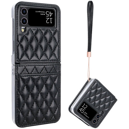 For Samsung Galaxy Z Flip4 VIETAO Rhombic Texture PU Card Slot Phone Case with Lanyard(Black)