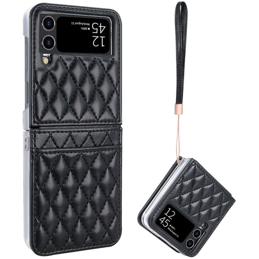 For Samsung Galaxy Z Flip4 VIETAO Rhombic Texture PU Card Slot Phone Case with Lanyard(Black)