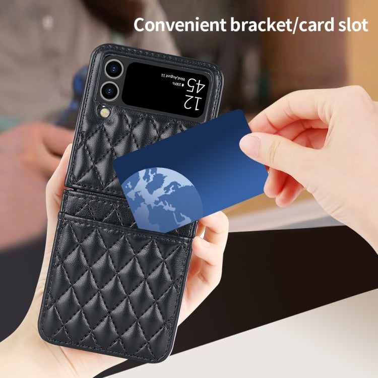 For Samsung Galaxy Z Flip4 VIETAO Rhombic Texture PU Card Slot Phone Case with Lanyard(Black)