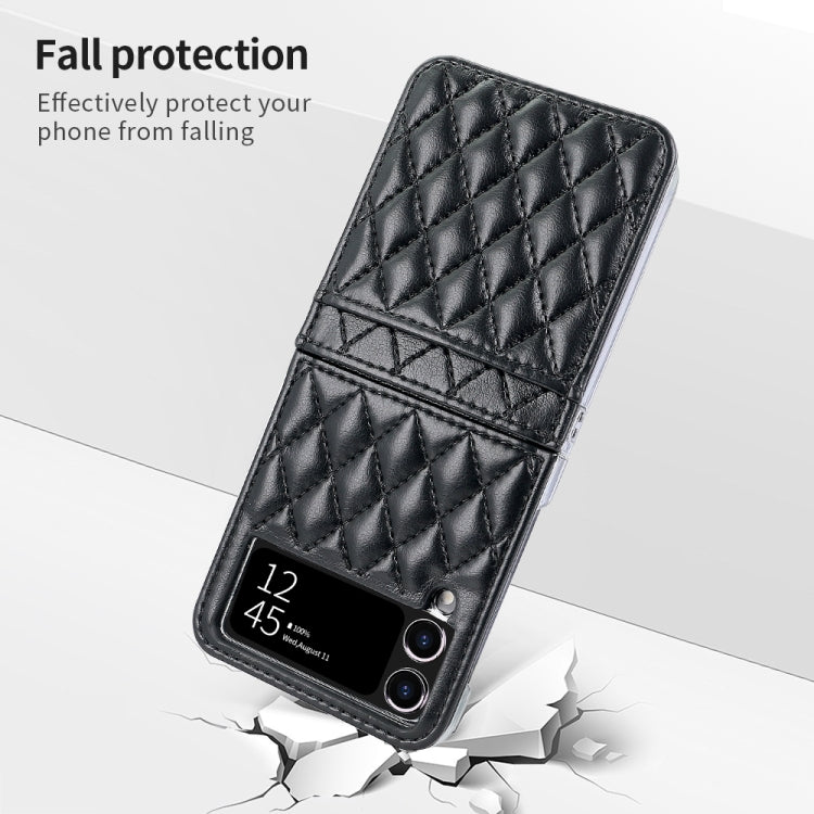 For Samsung Galaxy Z Flip4 VIETAO Rhombic Texture PU Card Slot Phone Case with Lanyard(Black)