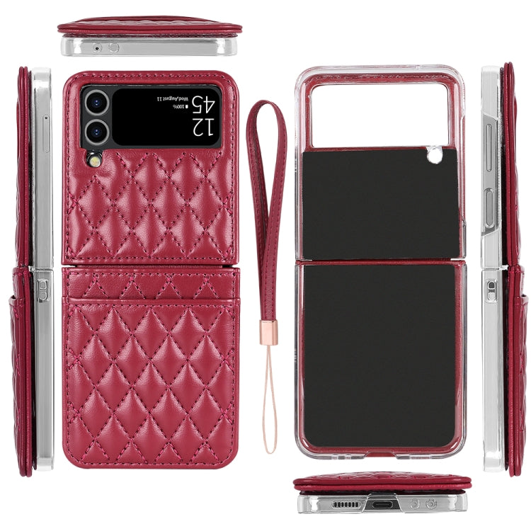 Pour Samsung Galaxy Z Flip4 VIETAO Étui de téléphone en PU à texture rhomboïde avec fente pour carte et lanière (rouge)