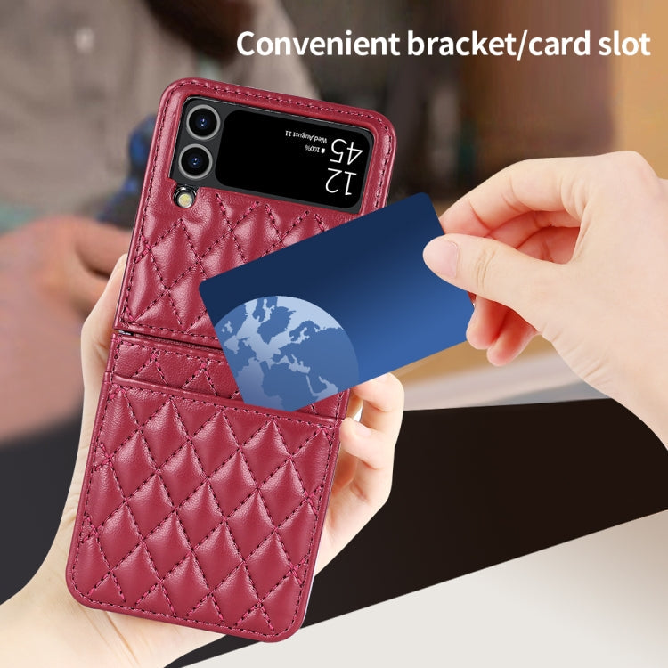 Pour Samsung Galaxy Z Flip4 VIETAO Étui de téléphone en PU à texture rhomboïde avec fente pour carte et lanière (rouge)