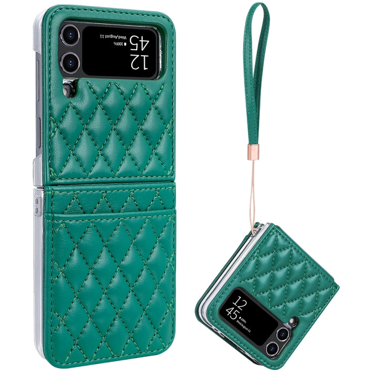 For Samsung Galaxy Z Flip4 VIETAO Rhombic Texture PU Card Slot Phone Case with Lanyard(Green)
