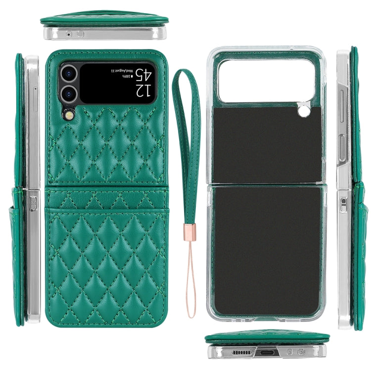 For Samsung Galaxy Z Flip4 VIETAO Rhombic Texture PU Card Slot Phone Case with Lanyard(Green)