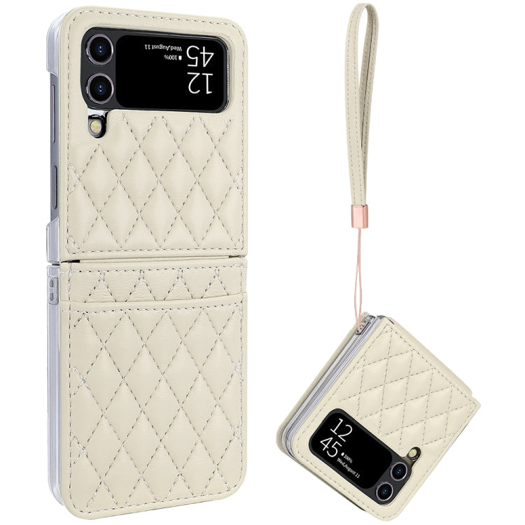 Pour Samsung Galaxy Z Flip4 VIETAO Étui de Téléphone en PU Texture Losange avec Fente pour Cartes et Lanière (Beige)