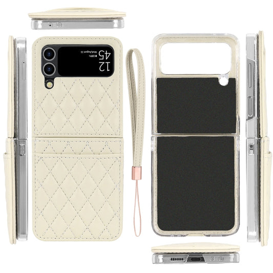 For Samsung Galaxy Z Flip4 VIETAO Rhombic Texture PU Card Slot Phone Case with Lanyard(Beige)