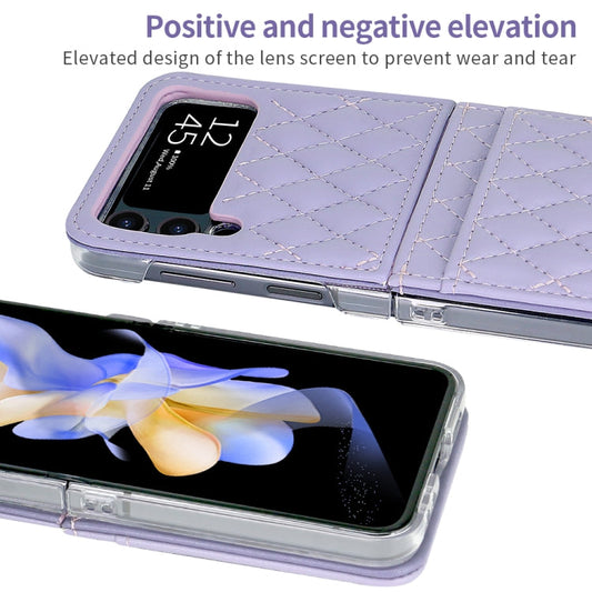 For Samsung Galaxy Z Flip4 VIETAO Rhombic Texture PU Card Slot Phone Case with Lanyard(Purple)