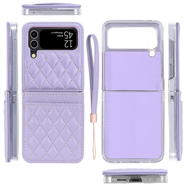 For Samsung Galaxy Z Flip4 VIETAO Rhombic Texture PU Card Slot Phone Case with Lanyard(Purple)