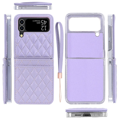 For Samsung Galaxy Z Flip4 VIETAO Rhombic Texture PU Card Slot Phone Case with Lanyard(Purple)
