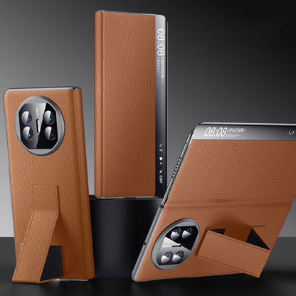 Pour Huawei Mate X5 / X3 Étui de téléphone en cuir véritable avec fenêtre intelligente et support de bracelet intelligent SULADA Smart Series (Marron)