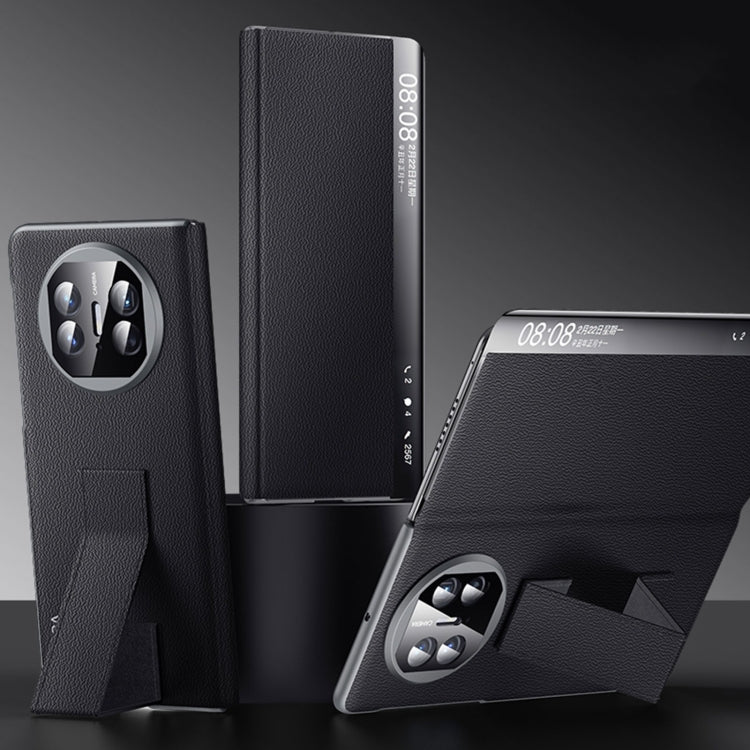 Pour Huawei Mate X5 / X3 SULADA Smart Series Étui de téléphone en cuir véritable avec support de bracelet et fenêtre de visualisation intelligente (Noir)
