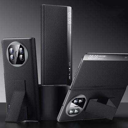 Pour Huawei Mate X5 / X3 SULADA Smart Series Étui de téléphone en cuir véritable avec support de bracelet et fenêtre de visualisation intelligente (Noir)