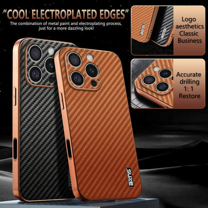 For iPhone 16 Pro Max AZNS Electroplated Edge Carbon Fiber Texture Phone Case(Black)