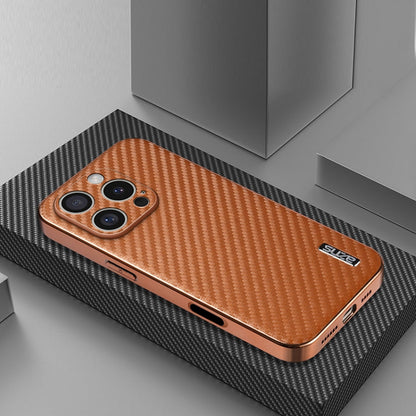 For iPhone 16 Pro Max AZNS Electroplated Edge Carbon Fiber Texture Phone Case(Brown)