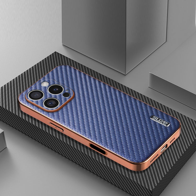 For iPhone 16 Pro Max AZNS Electroplated Edge Carbon Fiber Texture Phone Case(Blue)