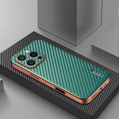 For iPhone 16 Pro Max AZNS Electroplated Edge Carbon Fiber Texture Phone Case(Green)