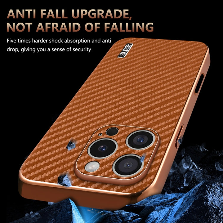 For iPhone 16 Pro AZNS Electroplated Edge Carbon Fiber Texture Phone Case(Brown)