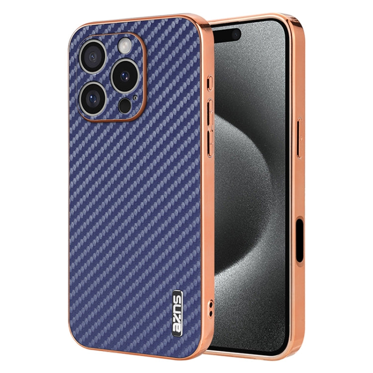 Pour iPhone 16 Pro, Coque de téléphone AZNS avec Bords Électroplaqués et Texture Fibre de Carbone (Bleu)