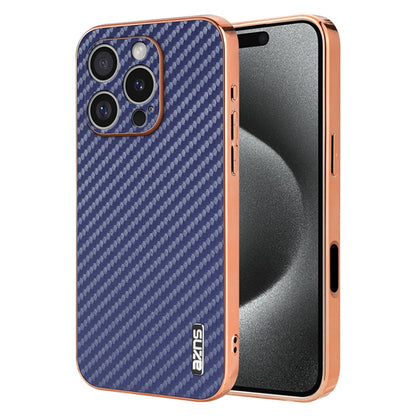 Pour iPhone 16 Pro, Coque de téléphone AZNS avec Bords Électroplaqués et Texture Fibre de Carbone (Bleu)